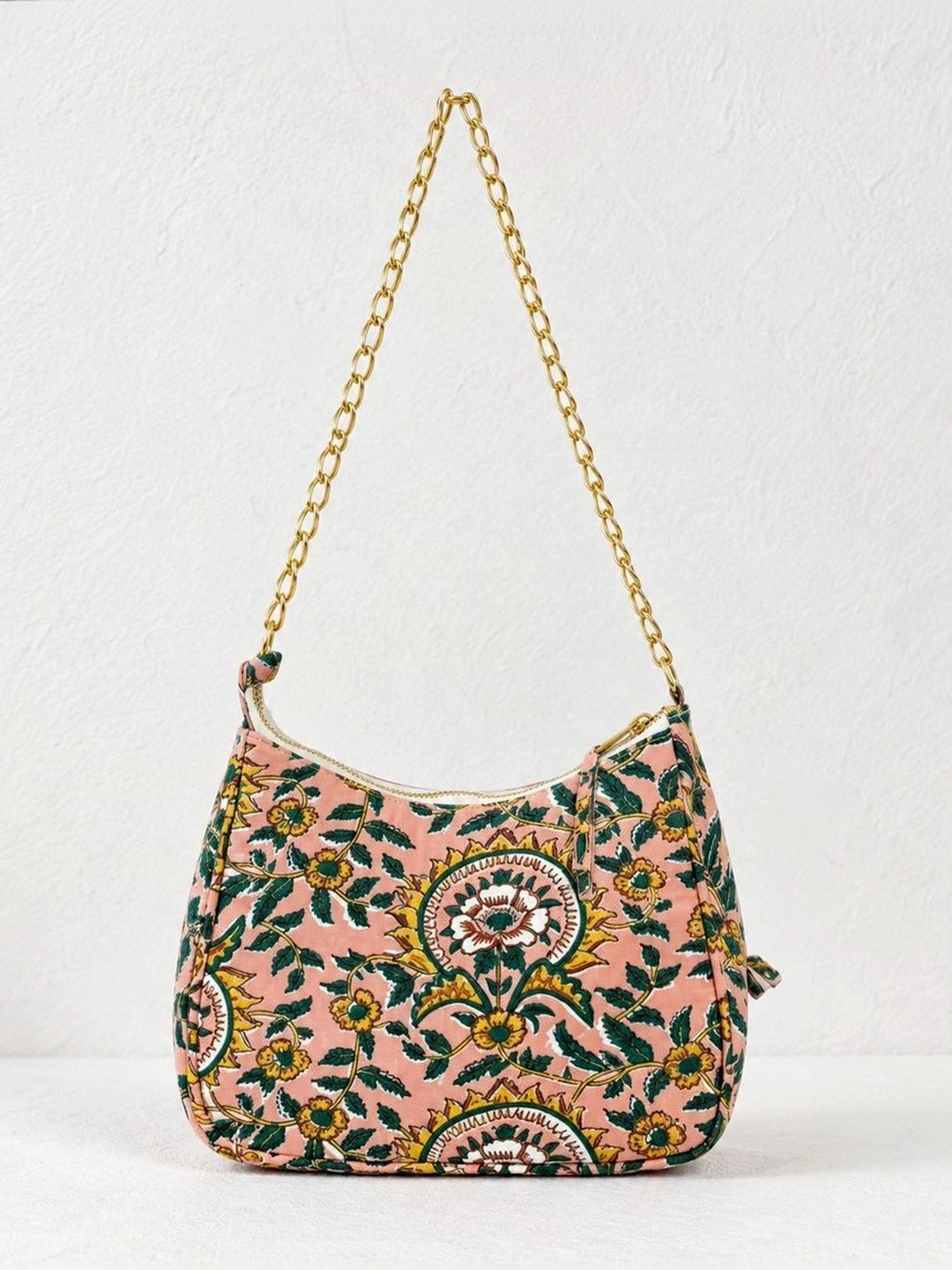 Floral Quilted Half Moon Bag – Peach block print shoulder bag