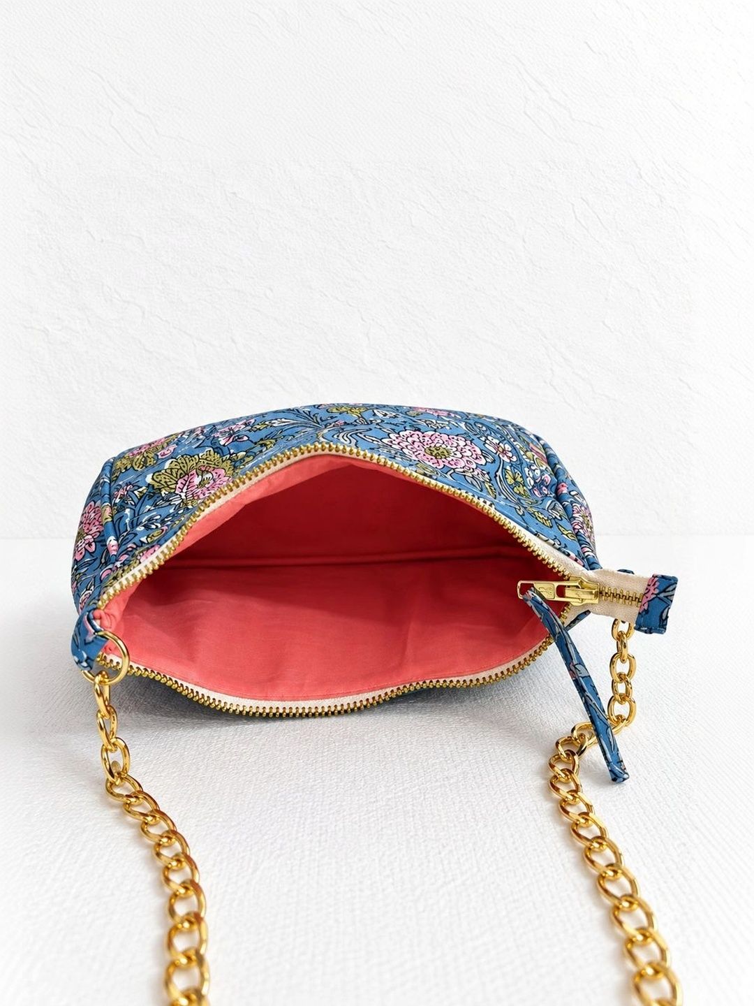 Floral Quilted Half Moon Bag – Blue block print shoulder bag
