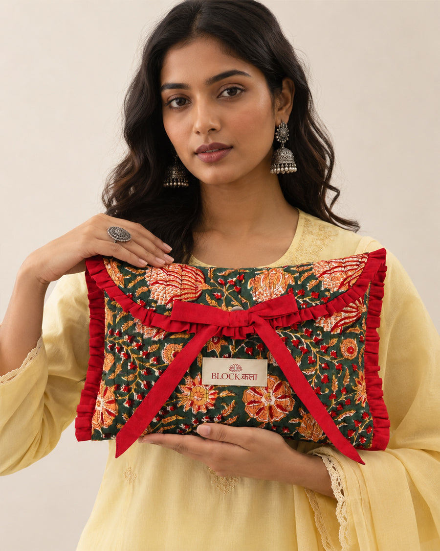Dark Green Floral Hand Block Printed Laptop/ iPad Sleeve | Quilted Case | 11 to 16 inch
