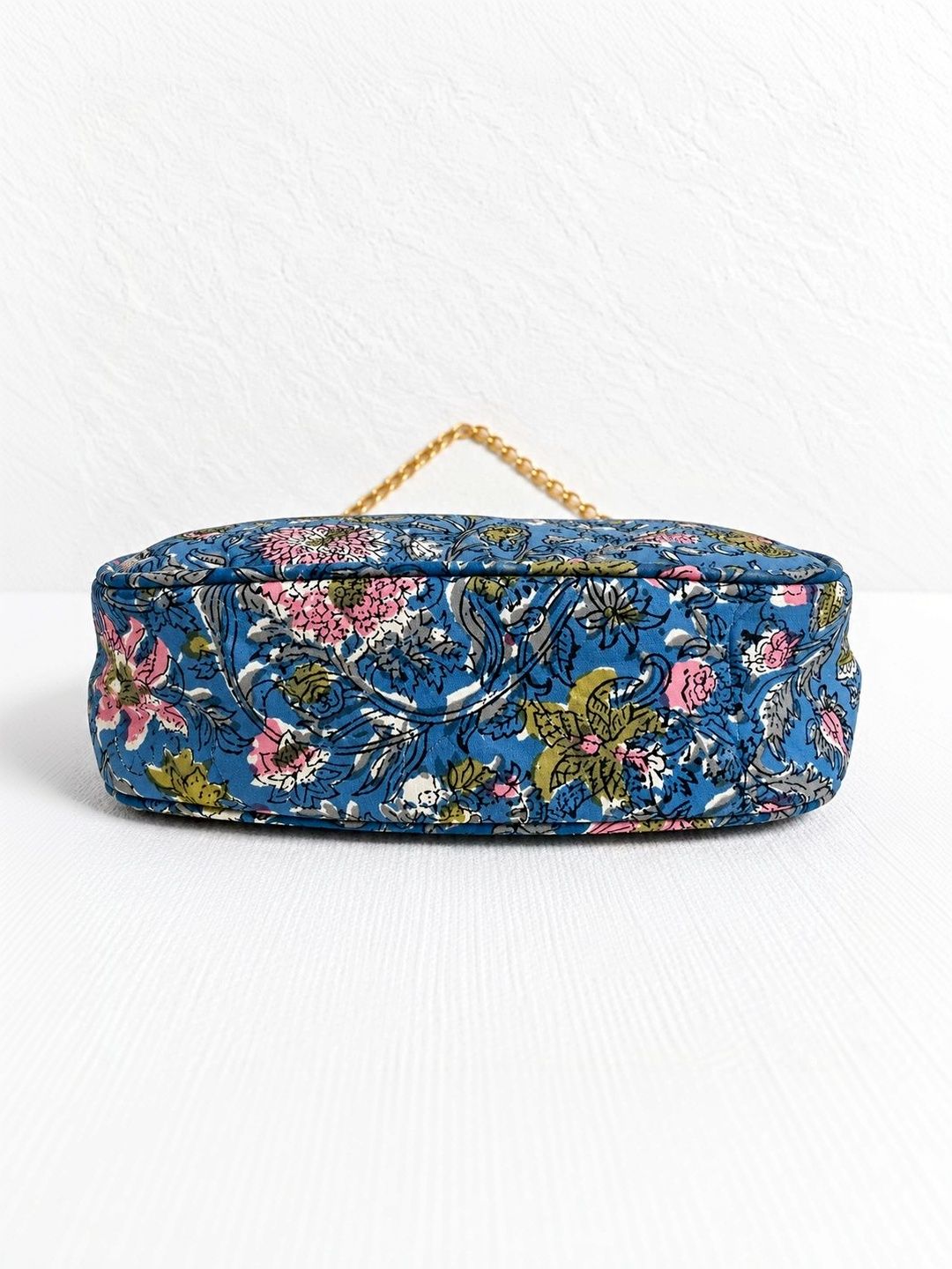 Floral Quilted Half Moon Bag – Blue block print shoulder bag
