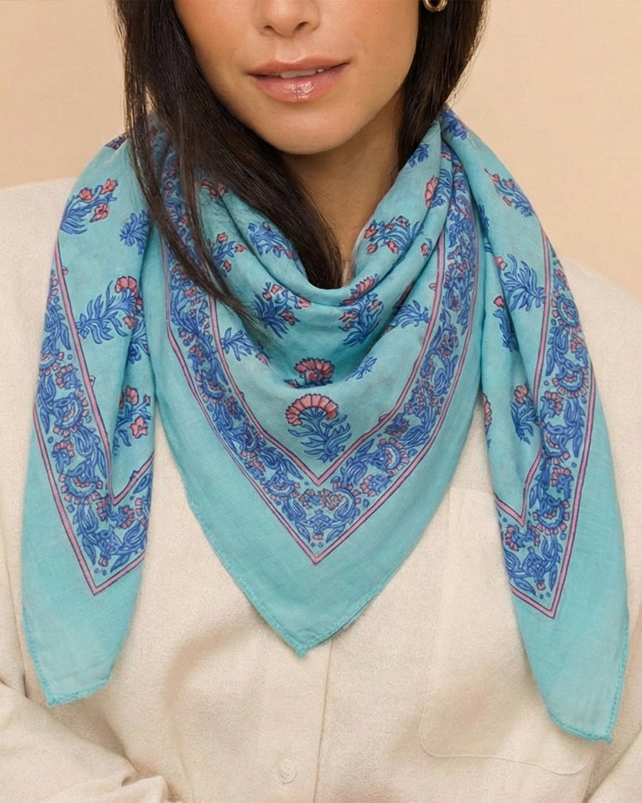 Sea Green Floral Print Square Scarf | Women's Long Scarf | Soft Cotton Neck Scarf