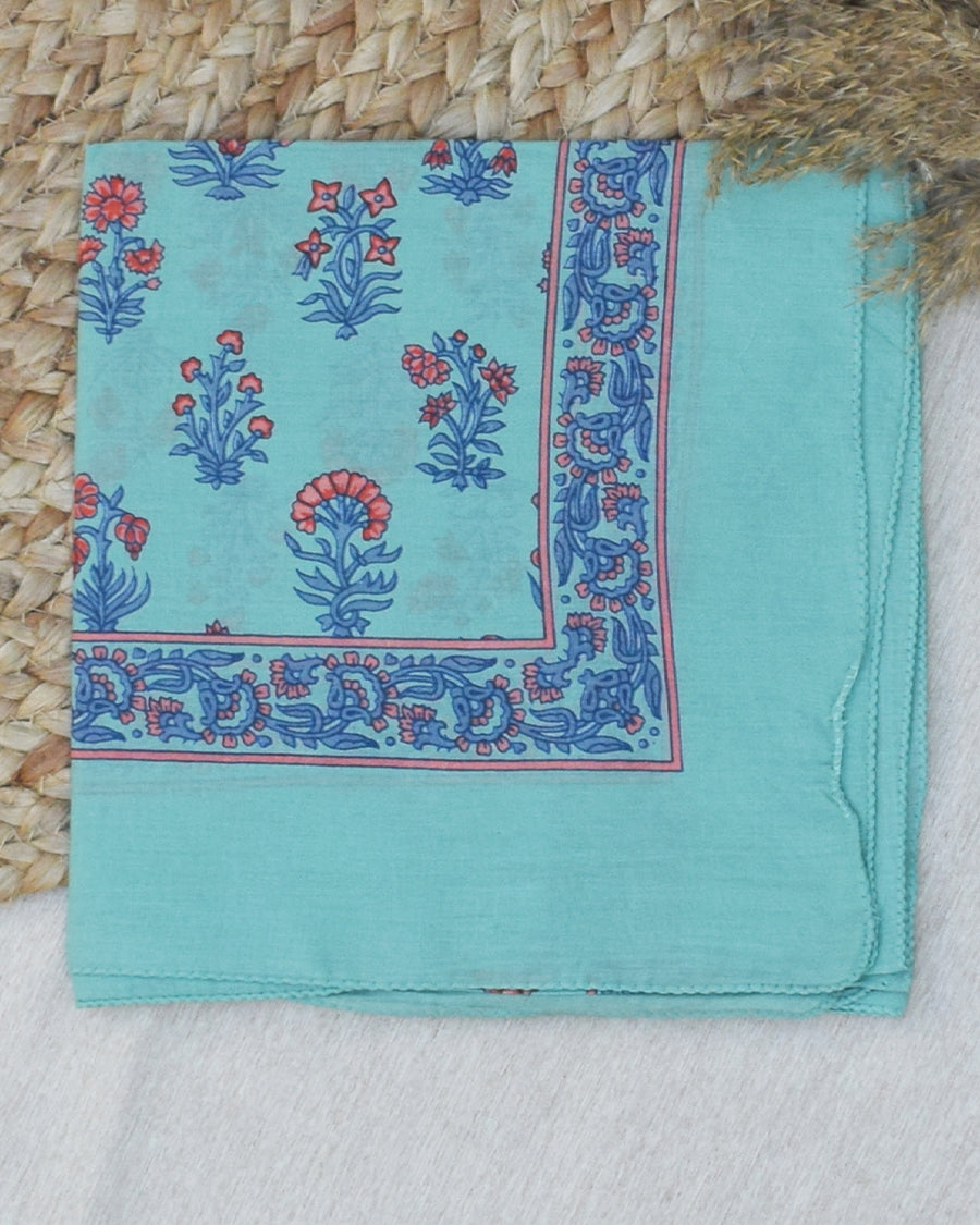 Sea Green Floral Print Square Scarf | Women's Long Scarf | Soft Cotton Neck Scarf