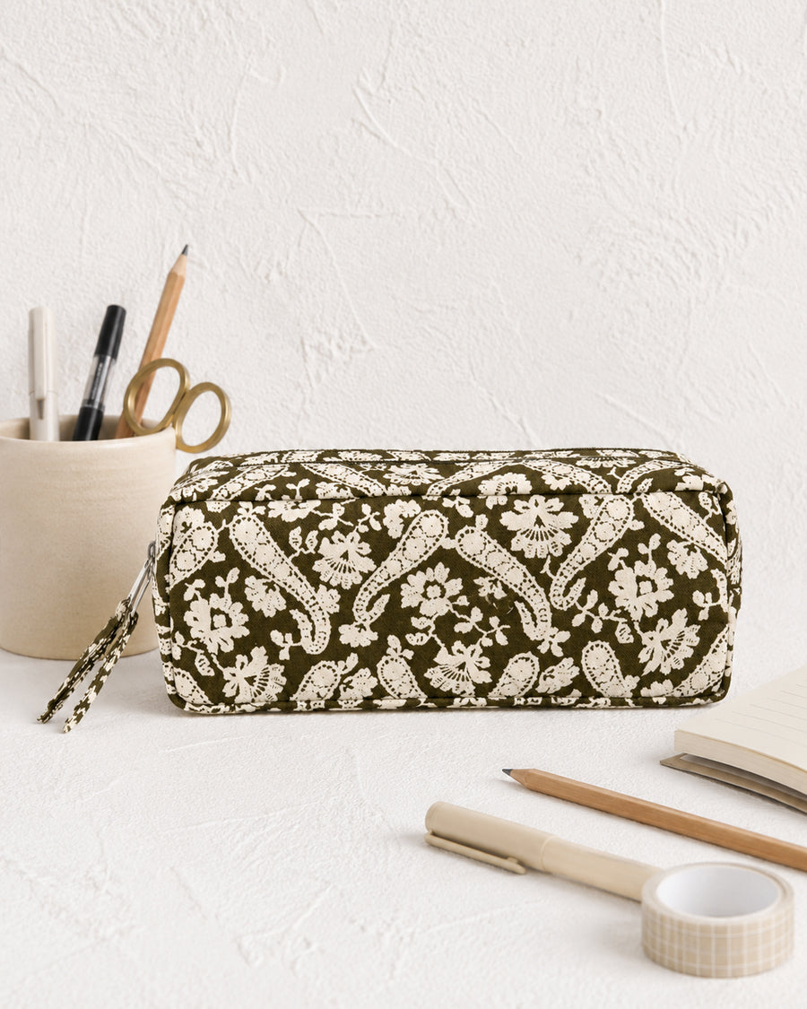 Green Paisley Double Zip Pouch | Canvas Pencil Case | Cosmetic & Stationery Organizer