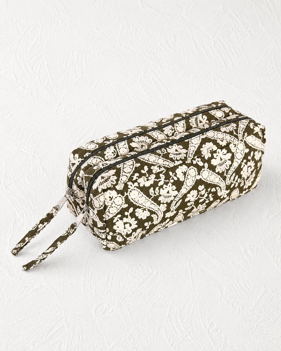Green Paisley Double Zip Pouch | Canvas Pencil Case | Cosmetic & Stationery Organizer