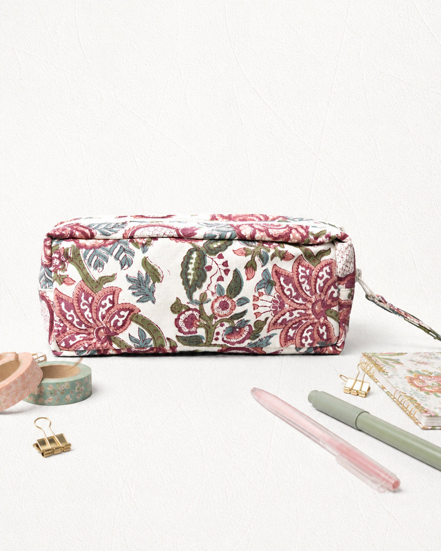 White Block Printed Double Zip Pouch | Canvas Pencil Pouch | Cosmetic & Stationery Organizer