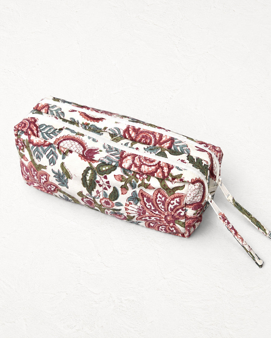 White Block Printed Double Zip Pouch | Canvas Pencil Pouch | Cosmetic & Stationery Organizer