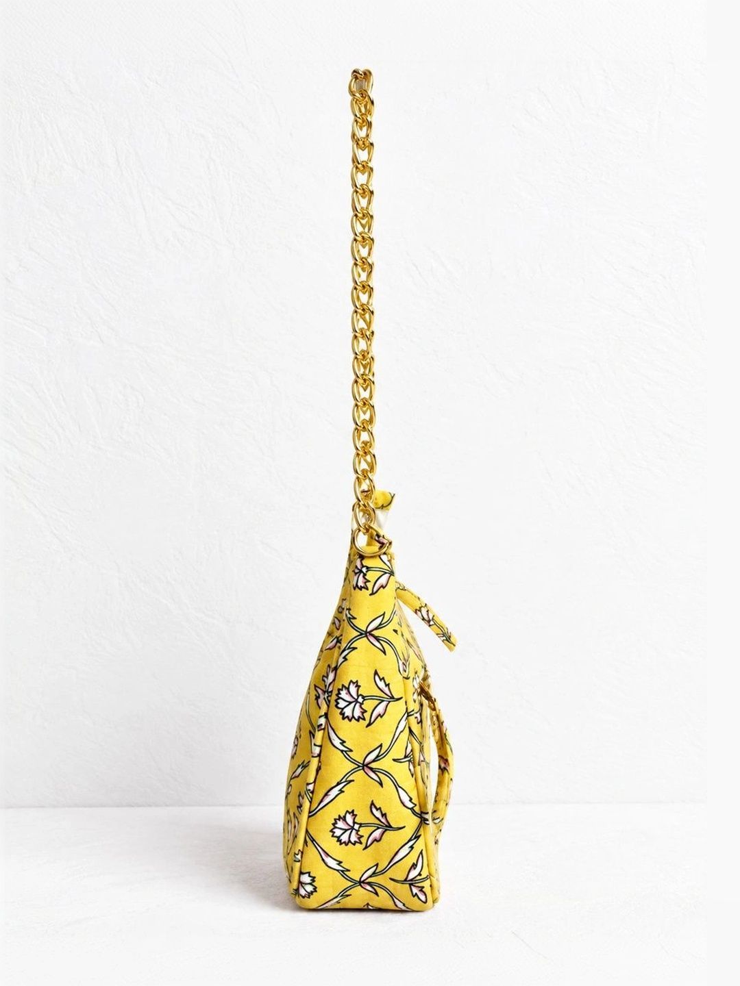 Floral Quilted Half Moon Bag – Yellow block print shoulder bag