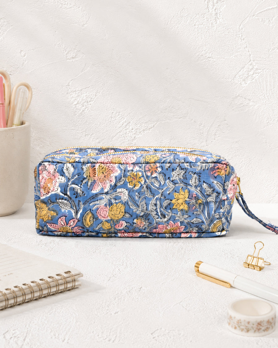 Blue Floral Printed Double Zip Pouch | Hand Block Printed Travel Organizer | Pencil Case & Makeup Bag