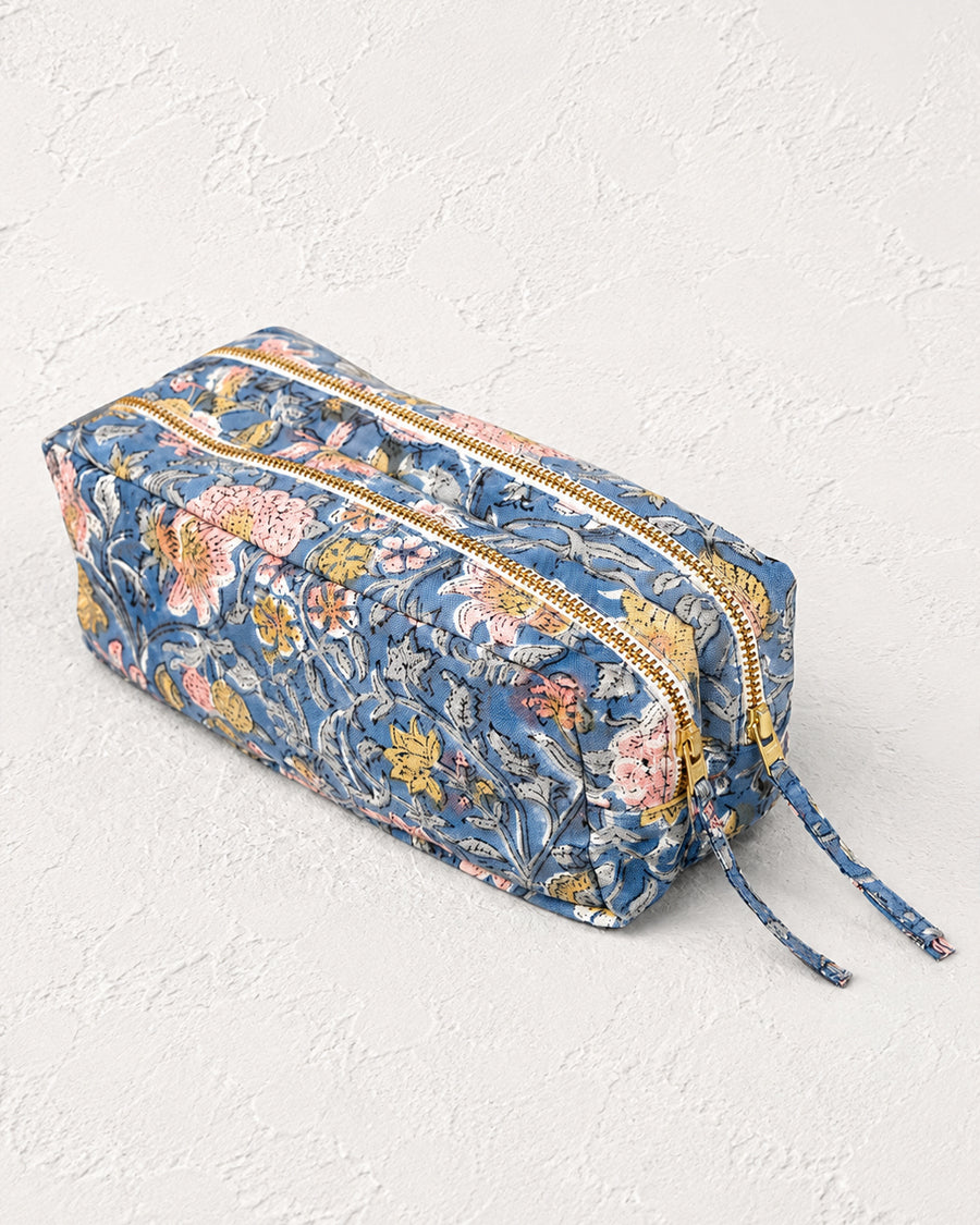 Blue Floral Printed Double Zip Pouch | Hand Block Printed Travel Organizer | Pencil Case & Makeup Bag