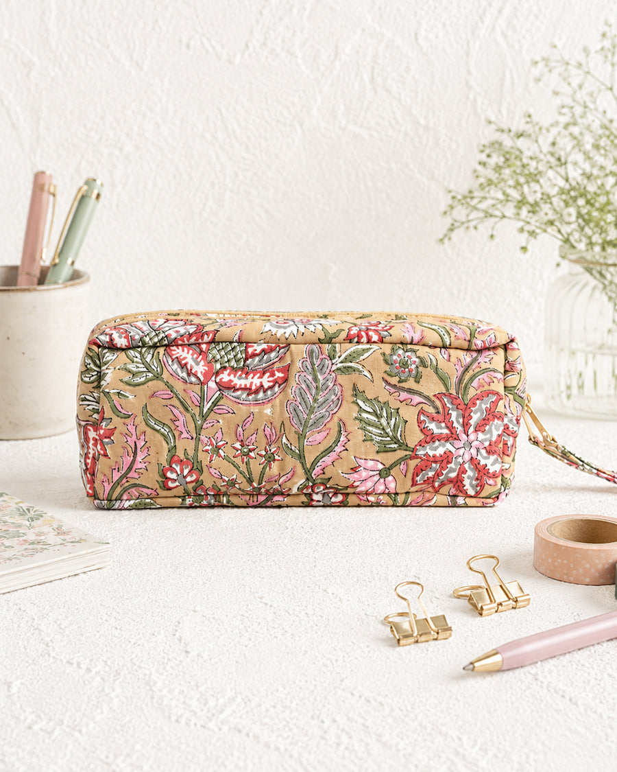 Beige Block Printed Double Zip Pouch | Canvas Floral Print Pencil Pouch | Multi-Purpose Travel Case