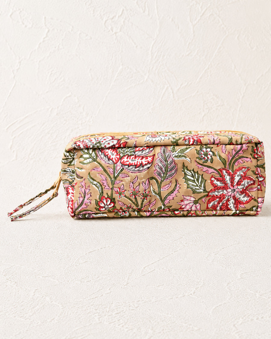 Beige Block Printed Double Zip Pouch | Canvas Floral Print Pencil Pouch | Multi-Purpose Travel Case