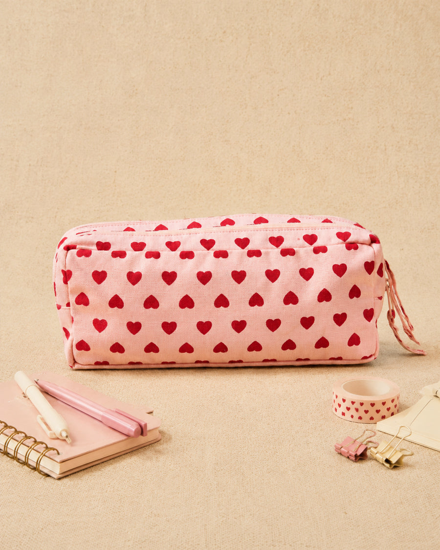 Pink Red Heart Double Zip Pouch | Canvas Makeup & Pencil Pouch | Travel Organizer