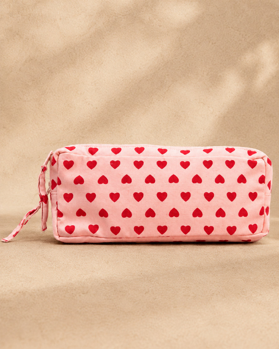 Pink Red Heart Double Zip Pouch | Canvas Makeup & Pencil Pouch | Travel Organizer