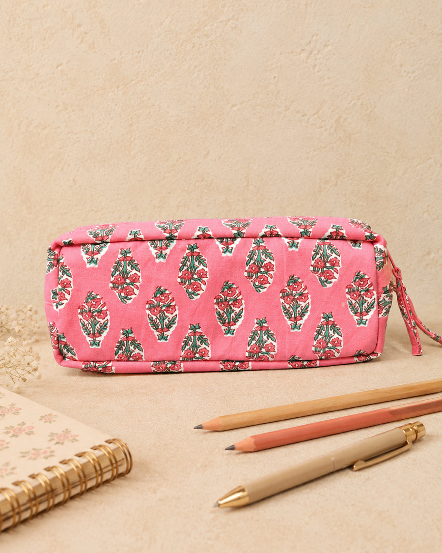 Pink Floral Printed Double Zip Pouch | Multi-Purpose Organizer | Pencil Pouch For Women