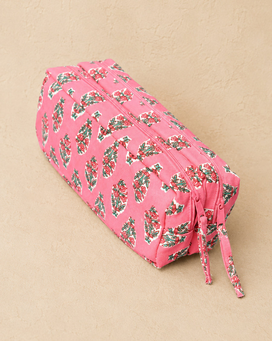 Pink Floral Printed Double Zip Pouch | Multi-Purpose Organizer | Pencil Pouch For Women