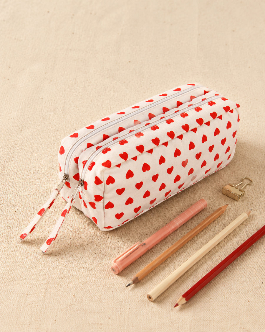 Red Heart Double Zip Pouch | Canvas Pencil Pouch | Multi-Purpose Organizer