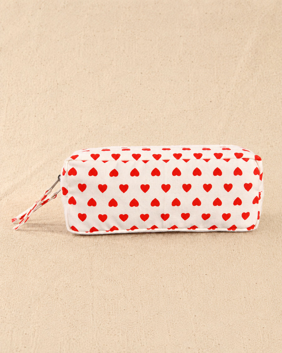Red Heart Double Zip Pouch | Canvas Pencil Pouch | Multi-Purpose Organizer