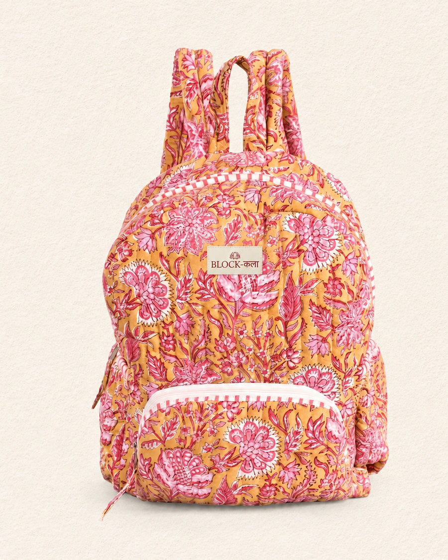 Yellow & Pink Floral Hand Block Print Backpack | Quilted Cotton Backpack | Everyday Laptop Backpack