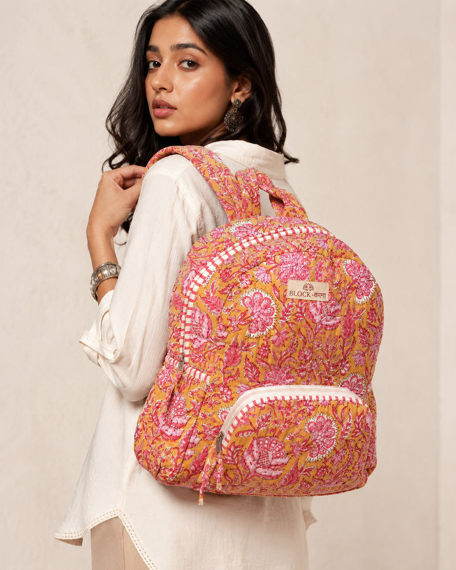 Yellow & Pink Floral Hand Block Print Backpack | Quilted Cotton Backpack | Everyday Laptop Backpack