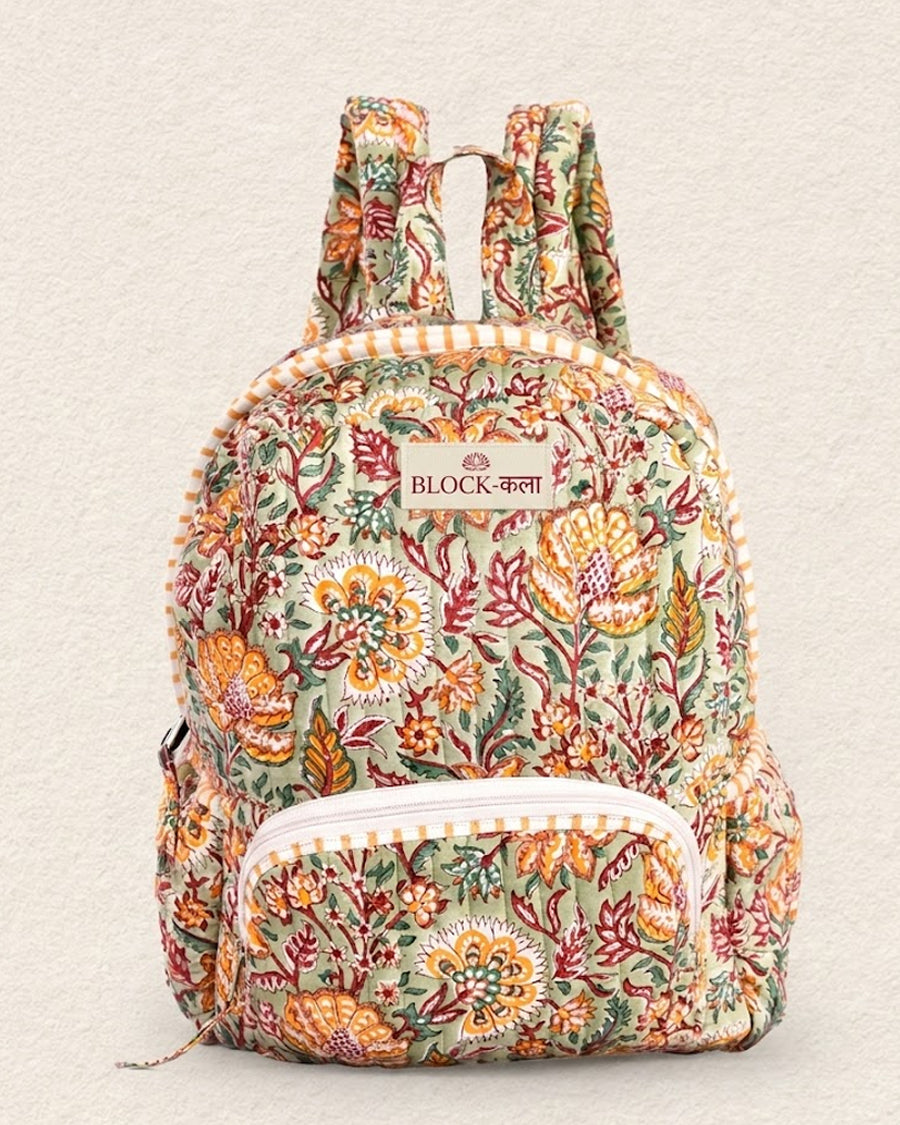 Green Floral Hand Block Printed Backpack | Quilted Laptop Backpack | School & Travel Backpack