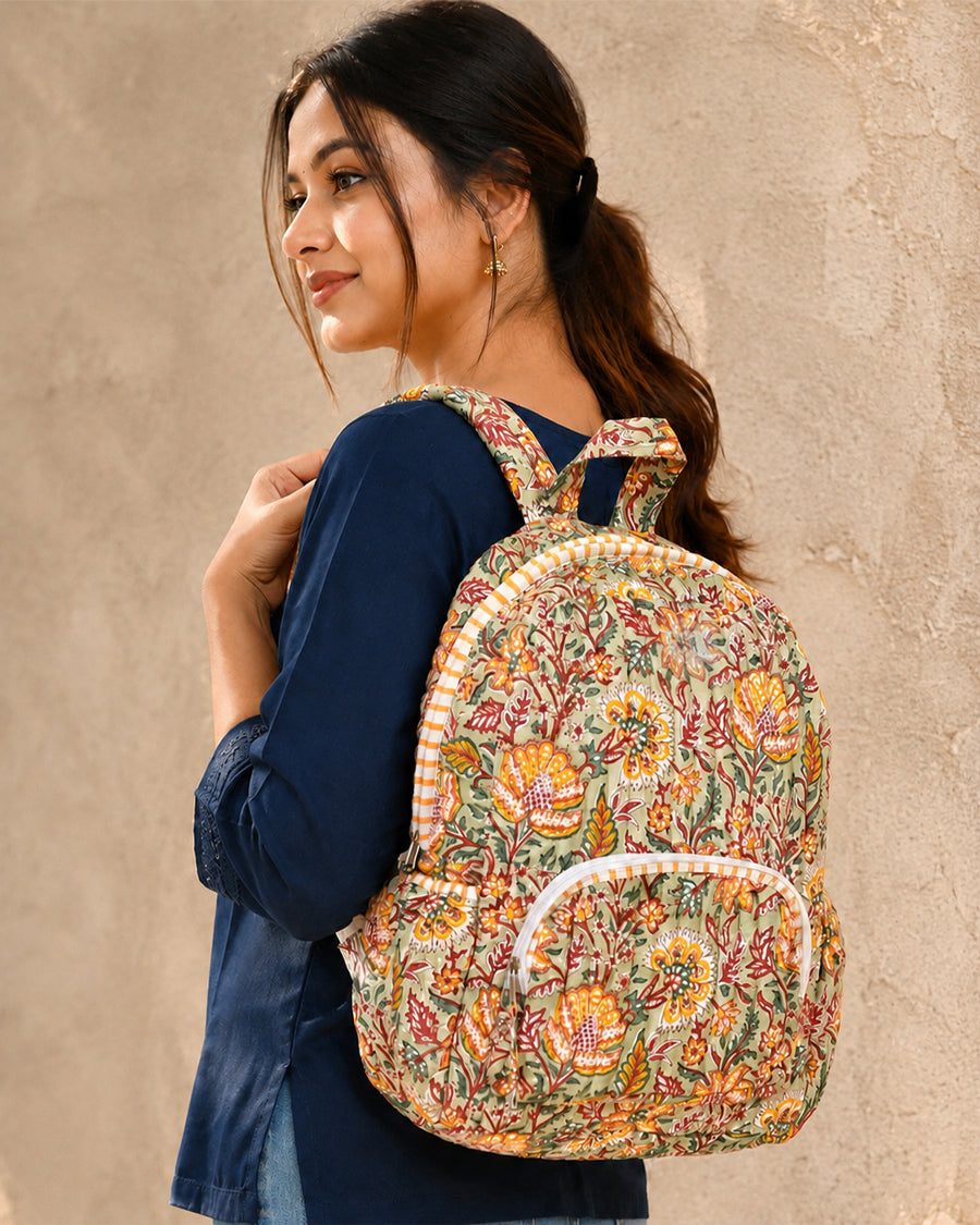 Green Floral Hand Block Printed Backpack | Quilted Laptop Backpack | School & Travel Backpack