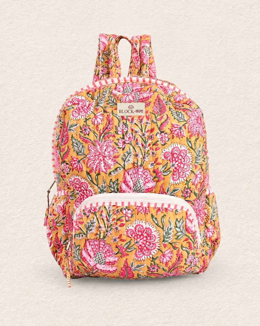 Yellow Floral Hand Block Print Backpack | Quilted Cotton Backpack | Everyday Laptop Backpack