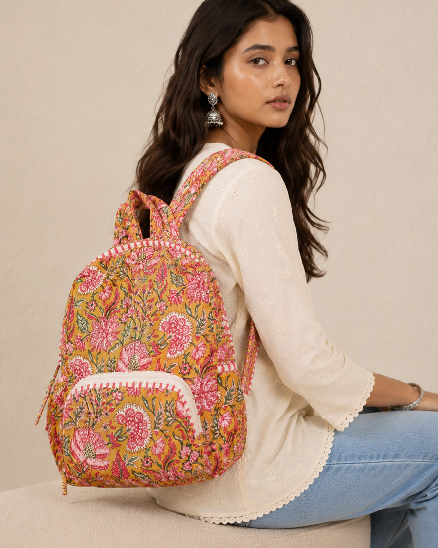 Yellow Floral Hand Block Print Backpack | Quilted Cotton Backpack | Everyday Laptop Backpack