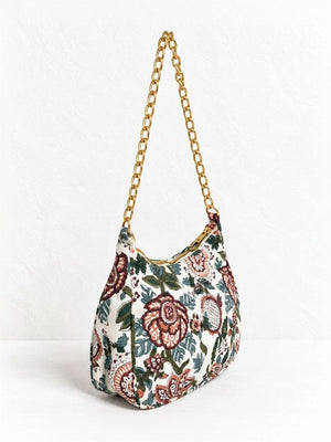 Floral Quilted Half Moon Bag – White block print shoulder bag