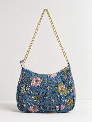 Floral Quilted Half Moon Bag – Blue block print shoulder bag