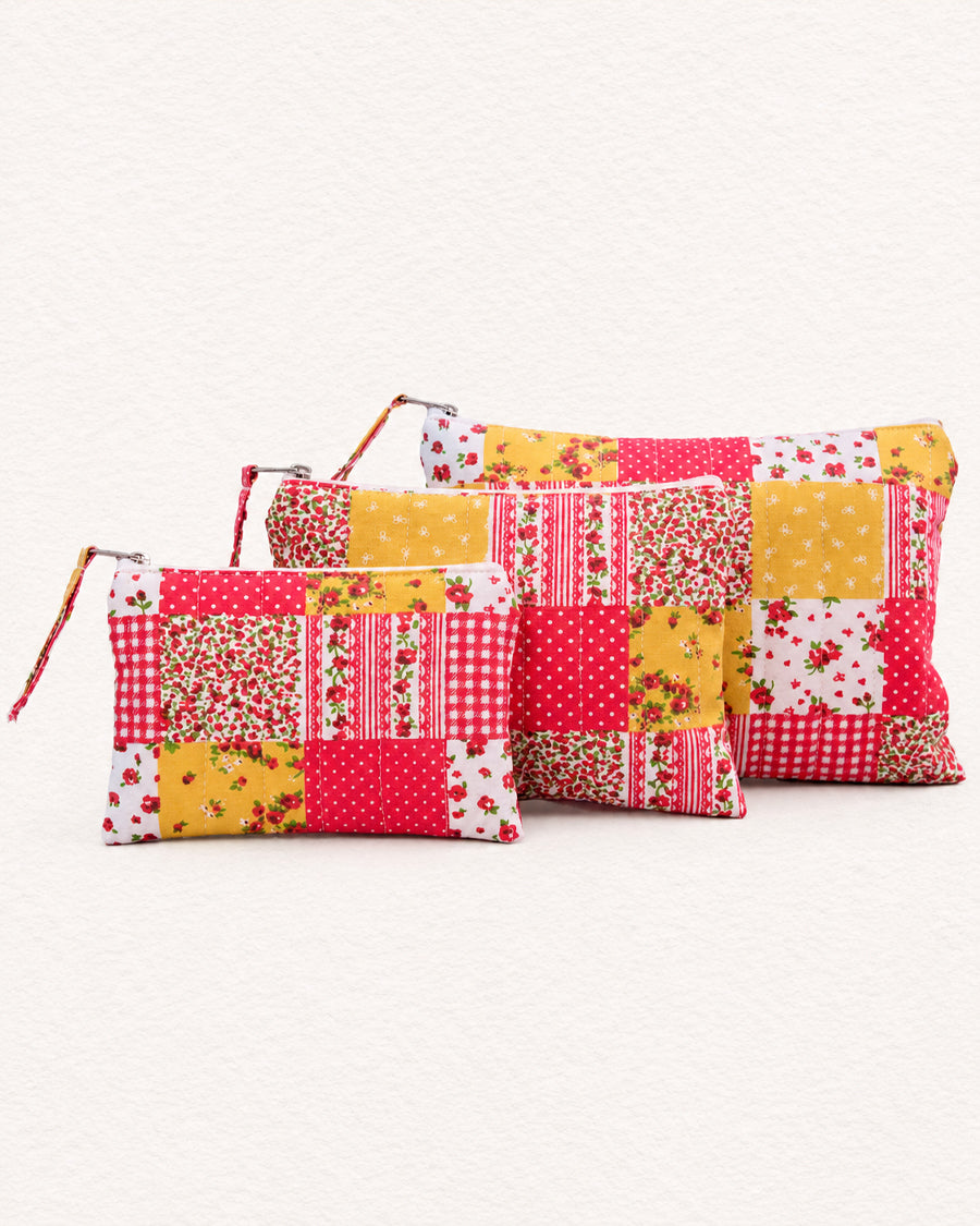 Pink & Yellow Patchwork Set of 3 Pouch | Quilted Travel Pouch | Canvas Zip Organizer