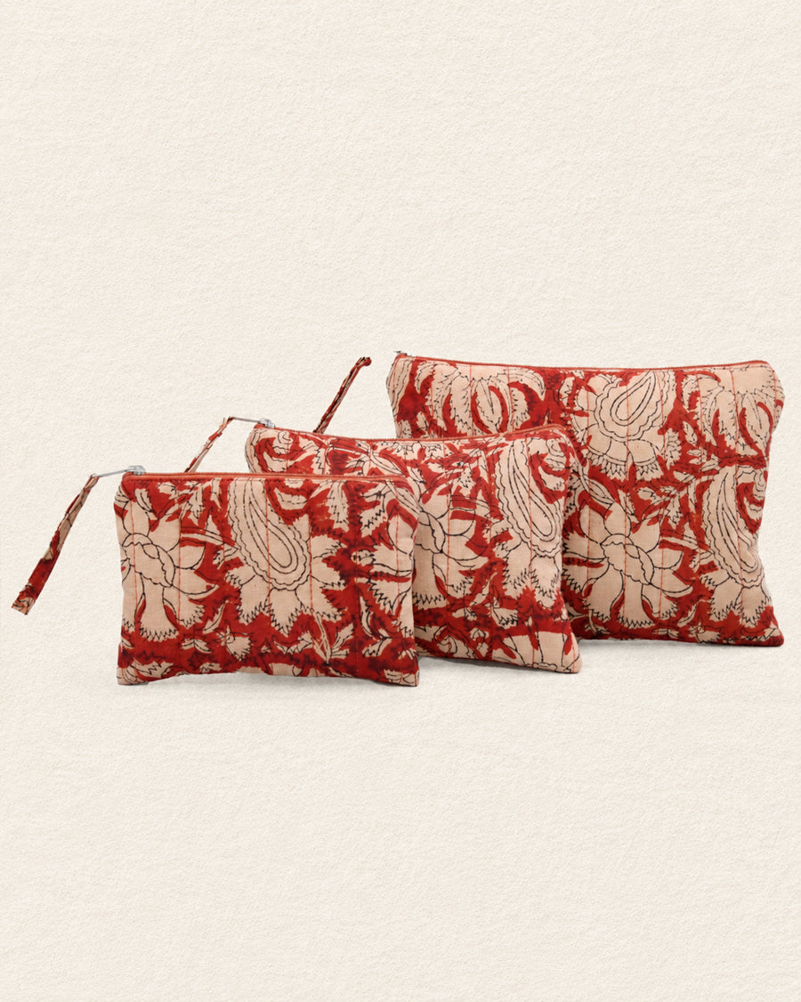 Red Jaal Block Print Set of 3 Pouch | Cotton Travel Pouch Set | Multi-Purpose Zip Pouch