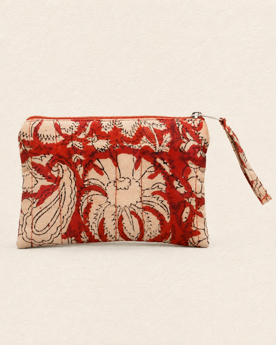 Red Jaal Block Print Set of 3 Pouch | Cotton Travel Pouch Set | Multi-Purpose Zip Pouch