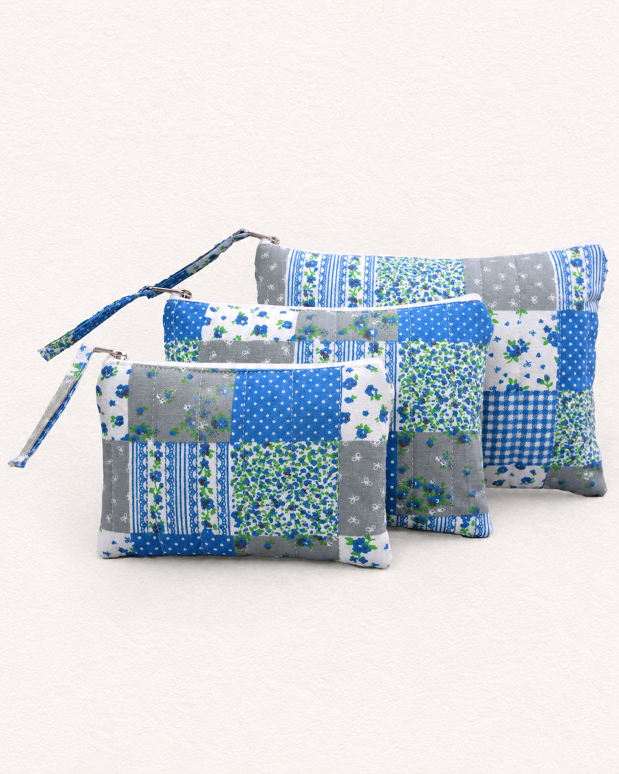 Blue Patchwork Set of 3 Pouch | Cotton Pouch Set | Travel & Makeup Organizer