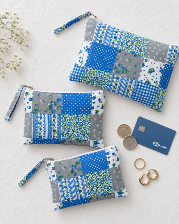 Blue Patchwork Pouches (Set of 3)