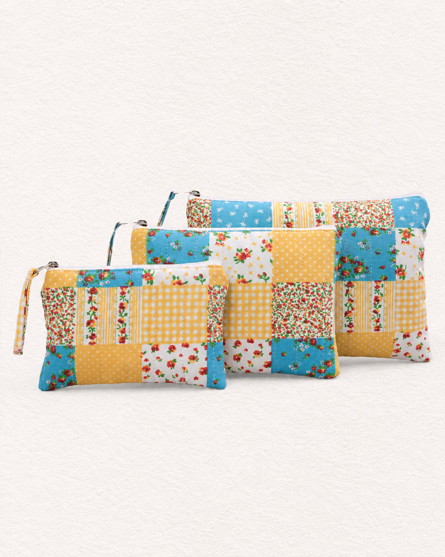 Yellow & Blue Patchwork Set of 3 Pouch | Quilted Multipurpose Pouch | Toiletry & Travel Organizer