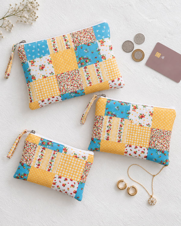Yellow & Blue Patchwork Pouches (Set of 3)