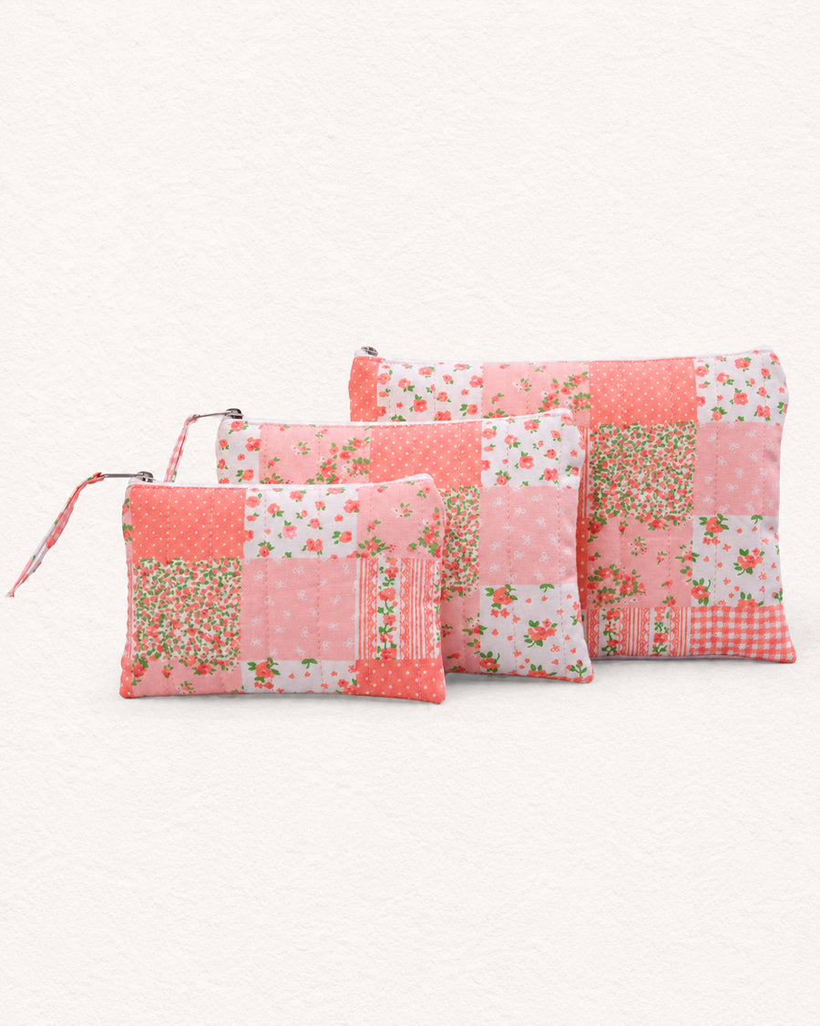 Peach Patchwork Set of 3 Pouch | Canvas Makeup & Travel Pouch Set | Quilted Organizer