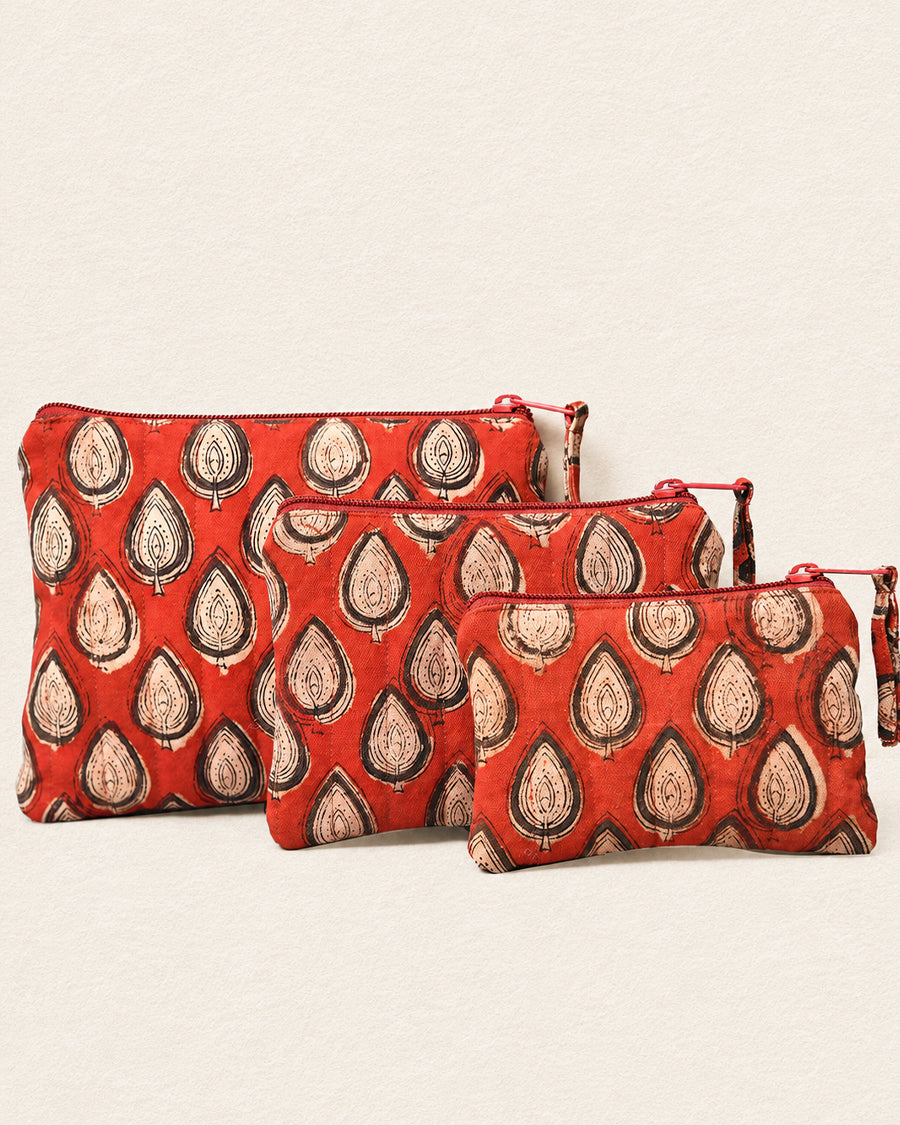 Maroon Leaf Hand Block Print Set of 3 Pouch | Quilted Canvas Pouch | Printed Travel Organizer