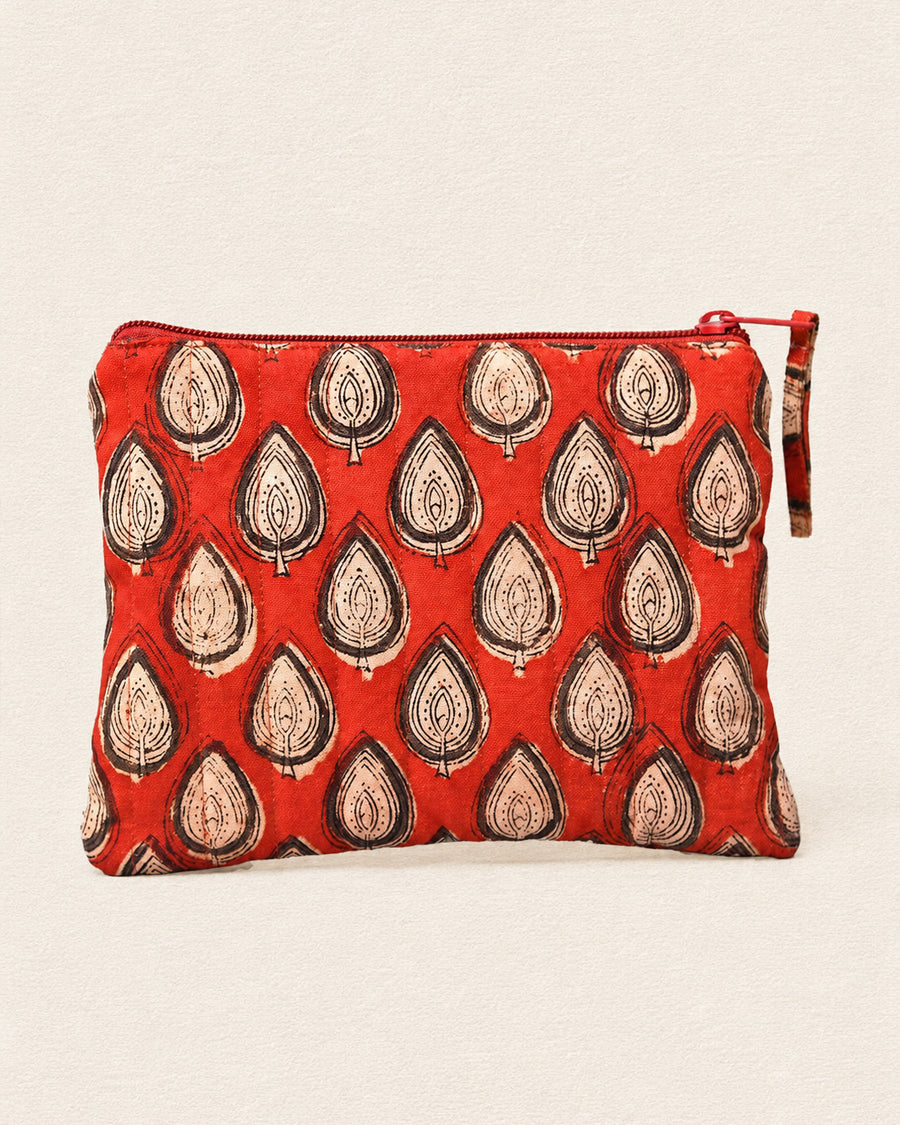 Maroon Leaf Hand Block Print Set of 3 Pouch | Quilted Canvas Pouch | Printed Travel Organizer