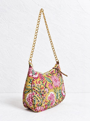 Floral Quilted Half Moon Bag – Multi block print shoulder bag