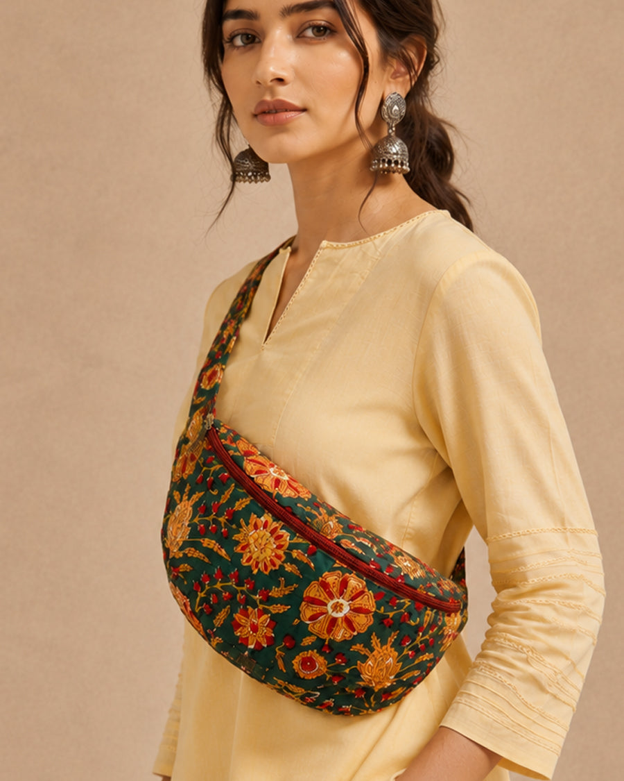 Green Floral Block Print Banana Bag | Quilted Travel Crossbody Bag | Women's Travel Bag