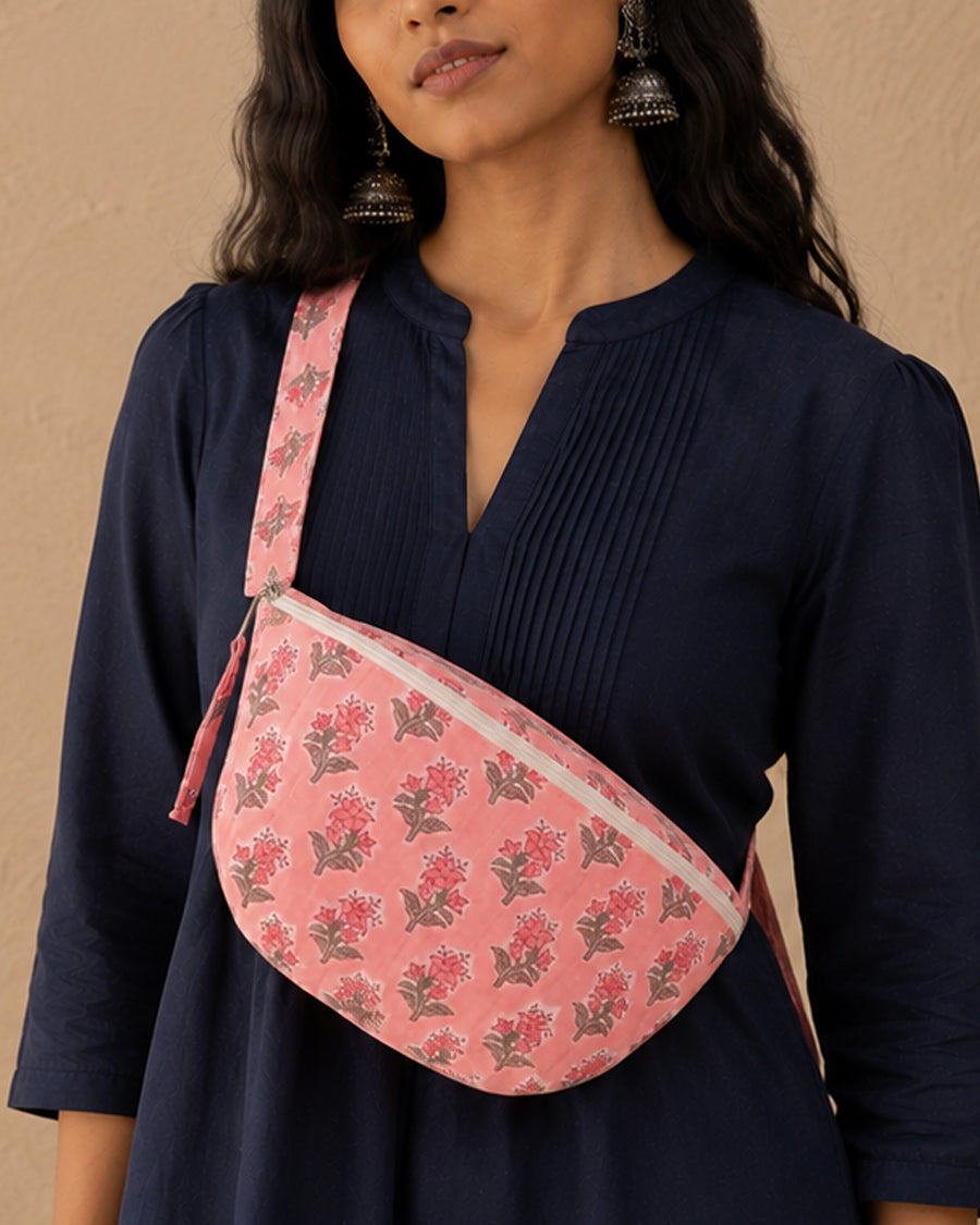 Gulabi Floral Banana Bag | Quilted Cotton Belt Bag | Stylish Everyday Sling Bag