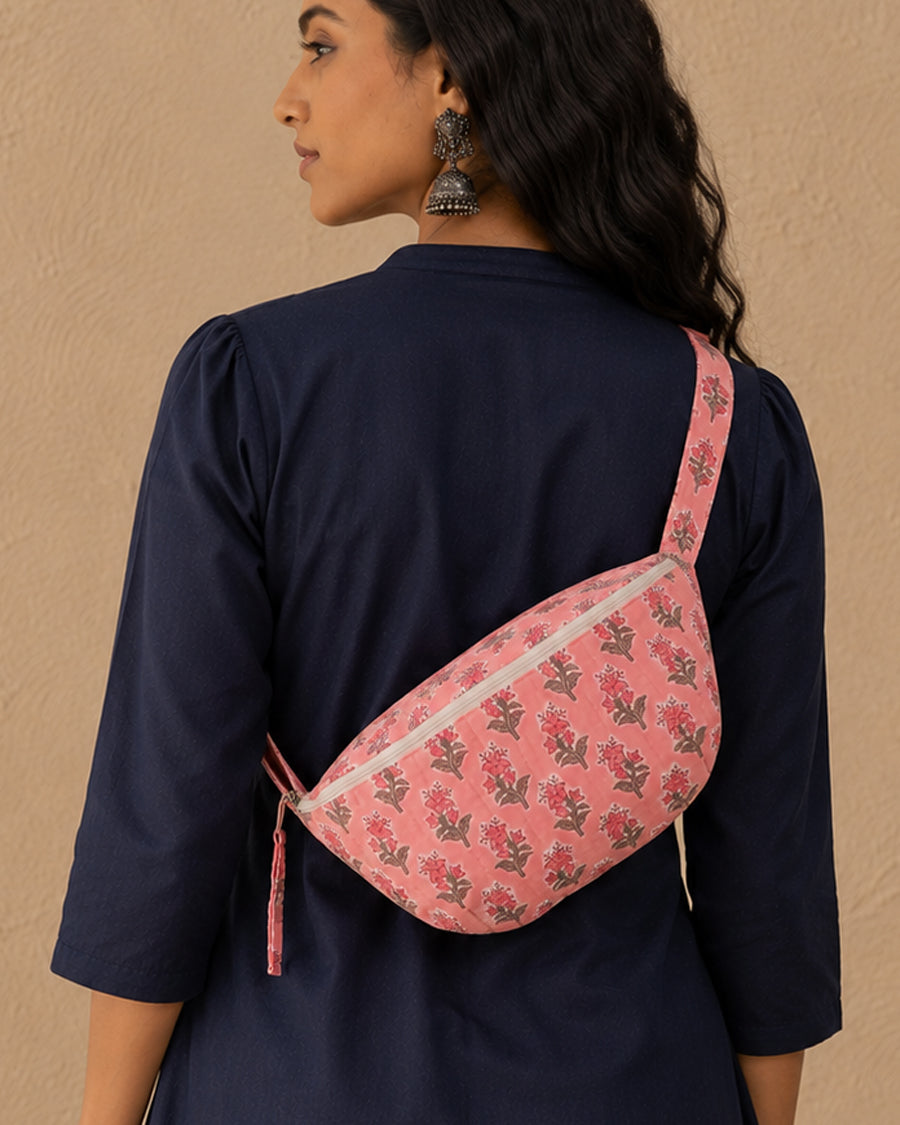 Gulabi Floral Banana Bag | Quilted Cotton Belt Bag | Stylish Everyday Sling Bag