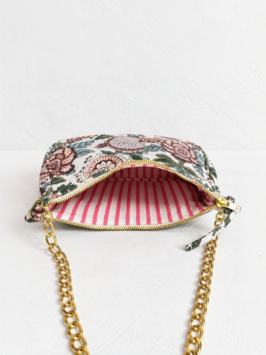 Floral Quilted Half Moon Bag – White block print shoulder bag