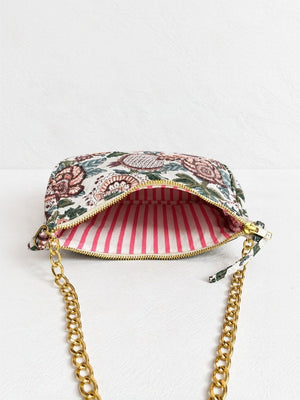 Floral Quilted Half Moon Bag – White block print shoulder bag
