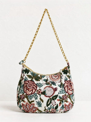Floral Quilted Half Moon Bag – White block print shoulder bag