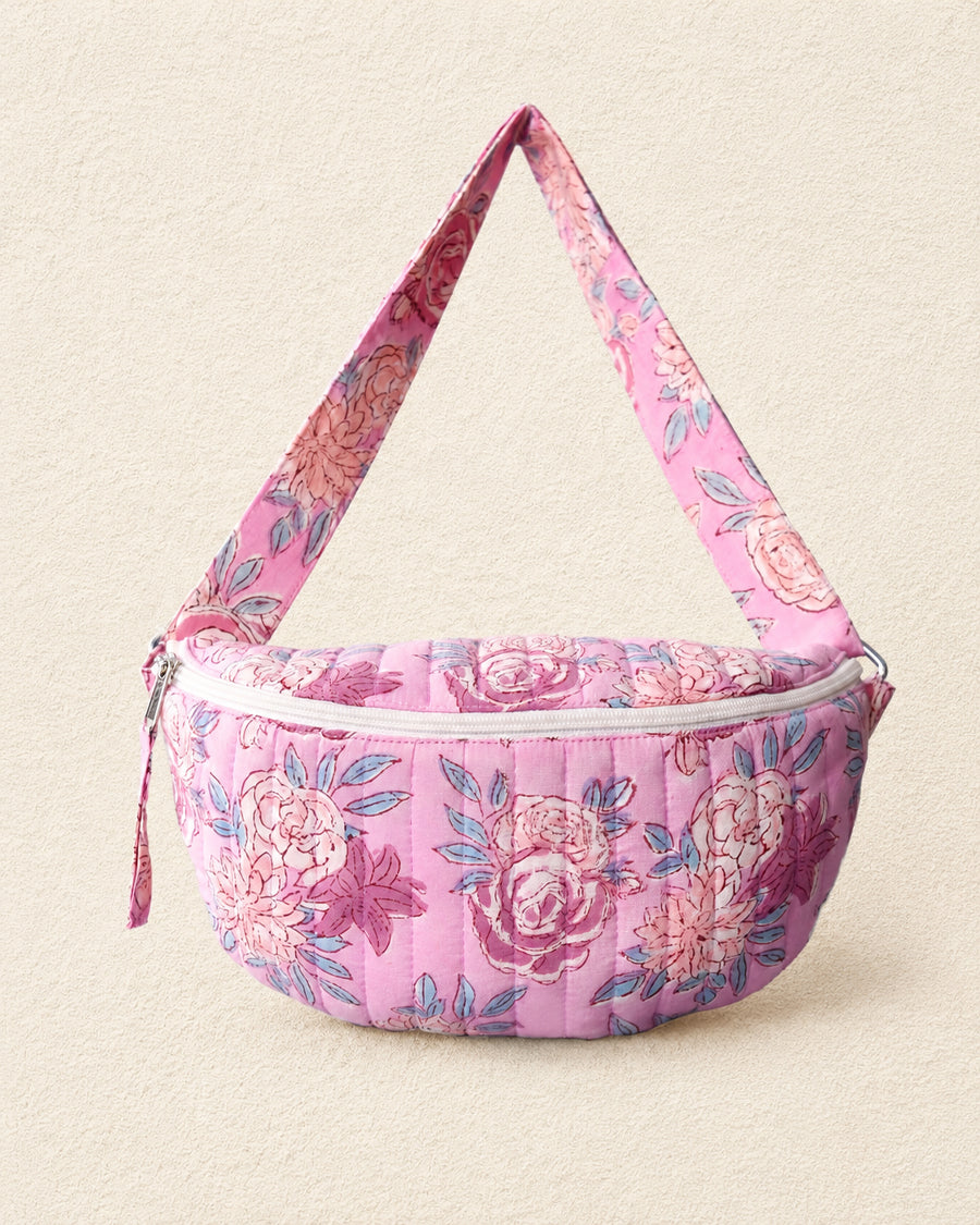 Pink Floral Block Print Banana Bag | Women's Quilted Banana Bag | Stylish Everyday Sling Bag