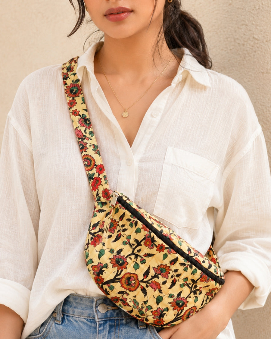 Marigold Bloom Banana Bag | Floral Print Travel Belt Bag | Quilted Cotton Waist Bag
