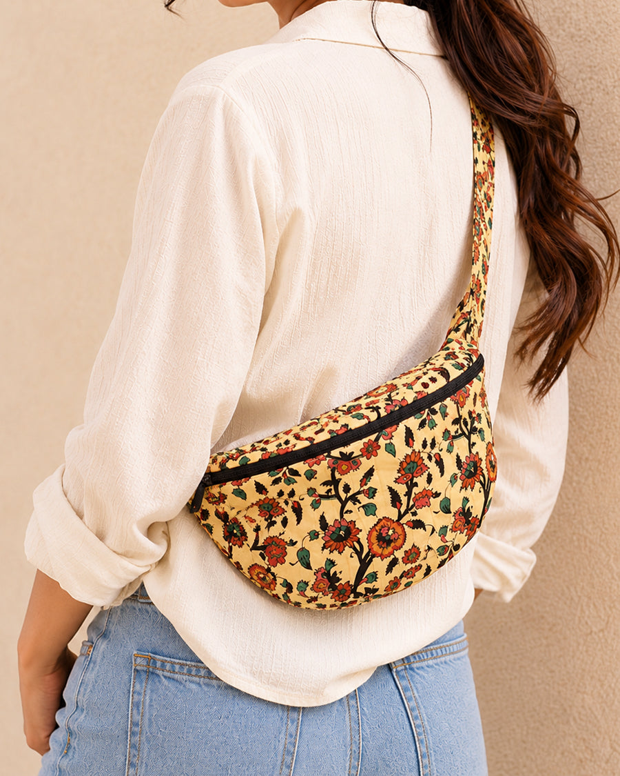 Marigold Bloom Banana Bag | Floral Print Travel Belt Bag | Quilted Cotton Waist Bag