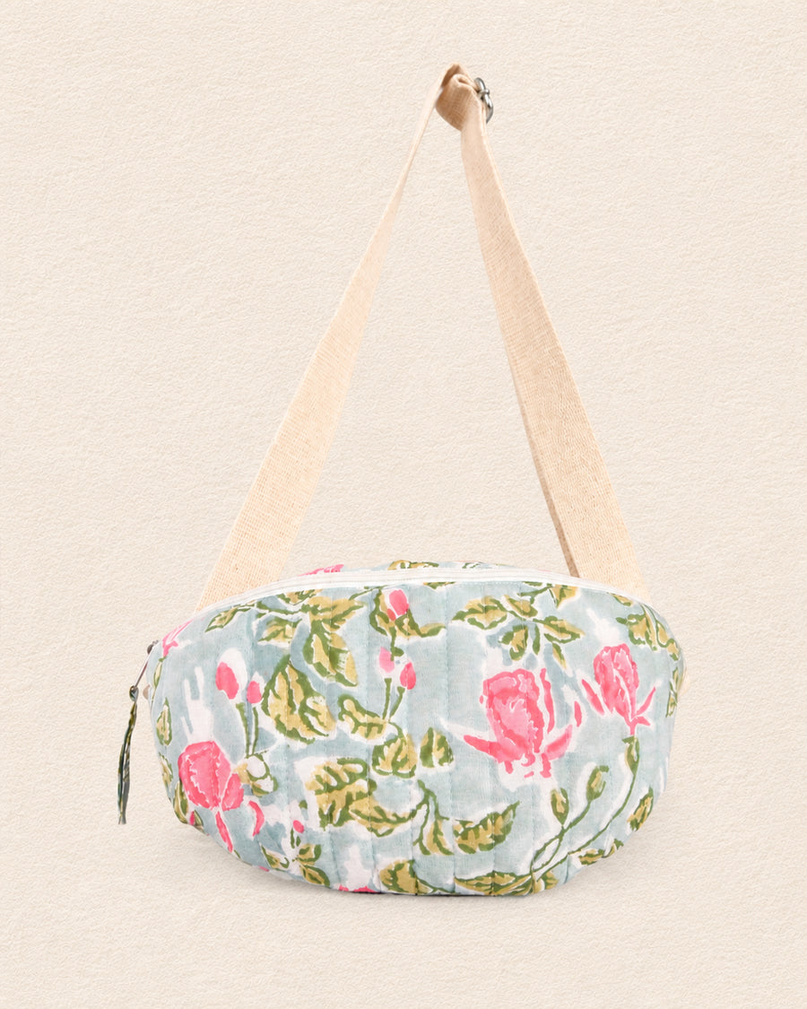 Sea Green Rose Bloom Banana Bag | Floral Block Print Travel Belt Bag | Quilted Cotton Crossbody Bag